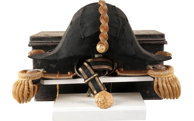 AN EDWARDIAN FULL DRESS ROYAL NAVY BICORN COCKED HAT, EPAULETTES AND SWORD BELT