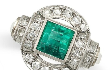 AN EMERALD AND DIAMOND DRESS RING set with a square step cut emerald of approximately 1.04 carats