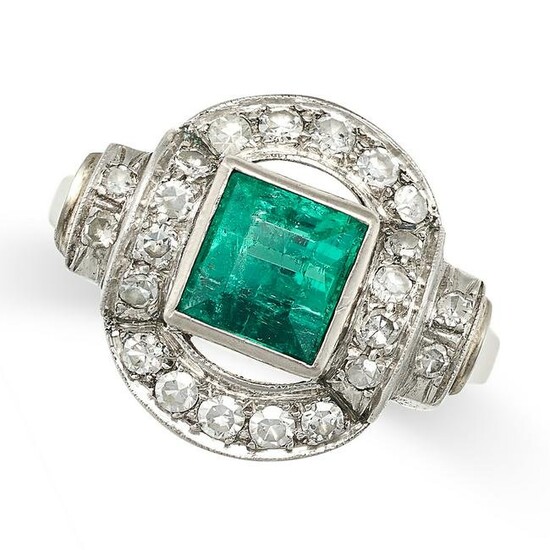 AN EMERALD AND DIAMOND DRESS RING set with a square step cut emerald of approximately 1.04 carats