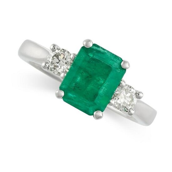 AN EMERALD AND DIAMOND RING Step-cut emerald, 1.43