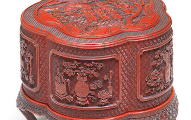 AN EXTREMELY RARE IMPERIAL CINNABAR AND TIANQI LACQUER CARVED 'PLUM BLOSSOM' 'PICNIC' BOX SET, COVER AND STAND