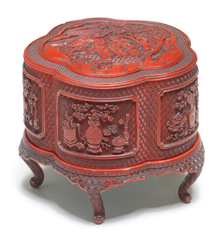 AN EXTREMELY RARE IMPERIAL CINNABAR AND TIANQI LACQUER CARVED 'PLUM BLOSSOM' 'PICNIC' BOX SET, COVER AND STAND