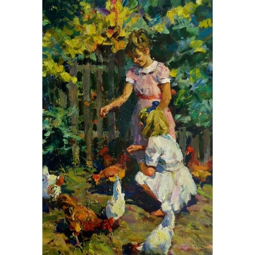 ANATOLI SHAPOVALOV (b. 1948, Ukrainian) 'Feeding the Chicken...