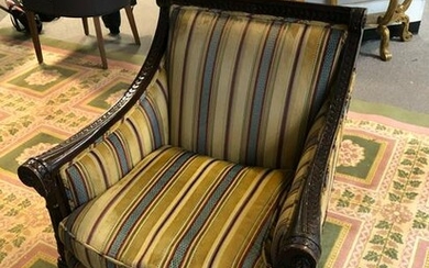 ARMCHAIR WITH GOLD AND BLUE STRIPED UPHOLSTERY