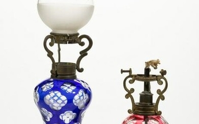 ASSORTED QUATREFOIL CUT-OVERLAY KEROSENE PEG LAMPS, LOT OF TWO
