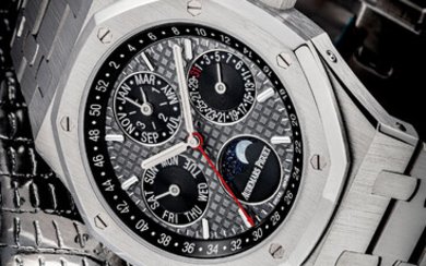 AUDEMARS PIGUET. A HARD TO GET TITANIUM LIMITED EDITION AUTOMATIC PERPETUAL CALENDAR WRISTWATCH WITH MOON PHASES, LEAP YEAR INDICATION AND BRACELET