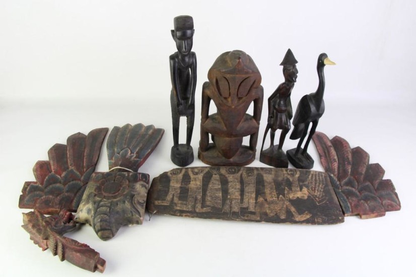 African Carved Figures Together With Other Items Incl Carved Panel
