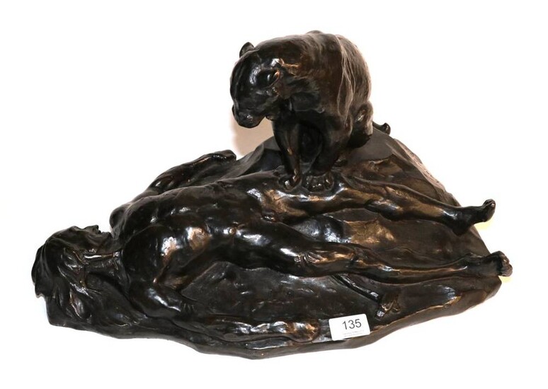 After Pierre Leon Lanfranchi, a bronze study of a jaguar atop its kill on a naturalistic base,...
