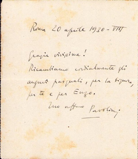 Alessandro Pavolini Italian Politic - Autograph; Letter with Happy Easter Wishes, from Rome - 1930