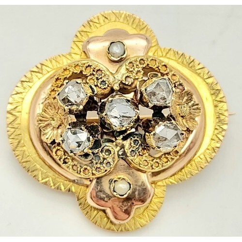 An 18K Yellow Gold Brooch with Old Cut Diamonds and Seed Pea...