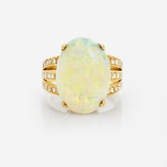 An 18K Yellow Gold, Diamond, and Opal Ring