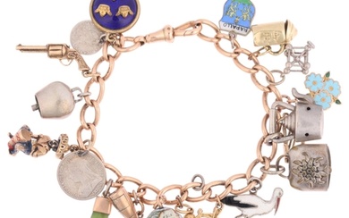 An Antique 15ct rose gold curb link chain charm bracelet, wi...