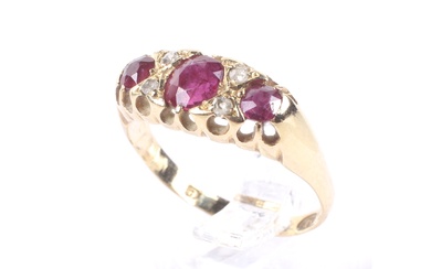 An Edwardian gold, ruby and diamond dress ring.
