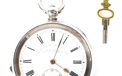 An Edwardian silver cased open face pocket watch by T Fattorini "The trusty no magnetic lever"