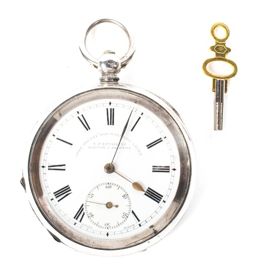 An Edwardian silver cased open face pocket watch by T Fattorini "The trusty no magnetic lever"