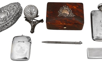 An Edwardian small silver hip flask and other silver