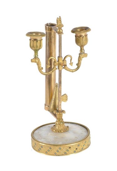 An Empire Palais-Royal ormolu and mother-of-pearl mounted twin light candelabrum