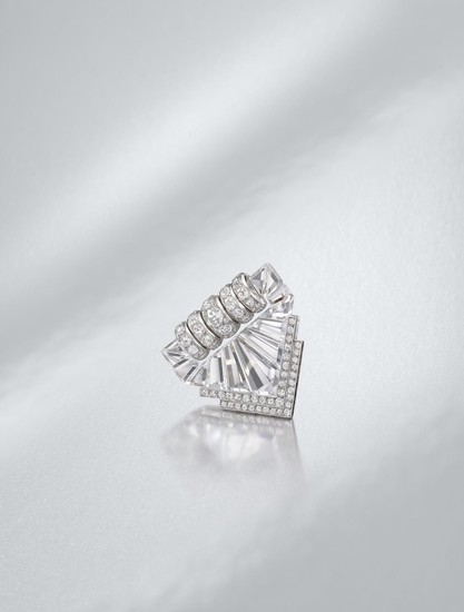 An art deco rock crystal and diamond 'éventail' clip brooch