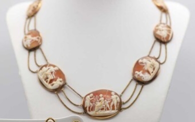 An early 19th century carved shell cameo necklace and earrings suite
