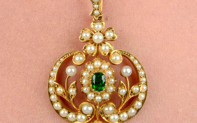 An early 20th century gold tsavorite garnet, seed and split pearl pendant.