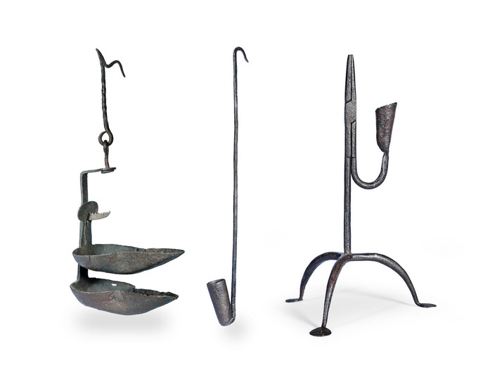 An early to mid-19th century wrought iron table rushnip holder, Sussex, circa 1800-50
