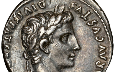 Ancients: , Augustus (27 BC-AD 14). AR denarius (17mm, 3.71 gm, 1h). NGC Choice XF 4/5 - 4/5....