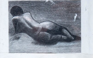 André DERAIN (1880-1954), Nue allongé de dos, fusain et rehaut de craie blanche sur papier,...
