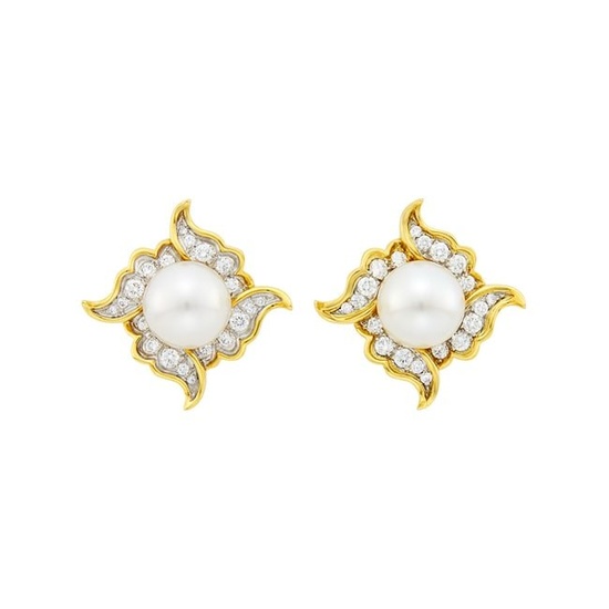 Angela Cummings for Assael Pair of Gold, Platinum, South Sea Cultured Pearl and Diamond Earclips