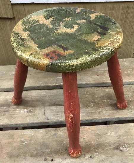 Antique 19th C American Stool w Hand Painted Scene