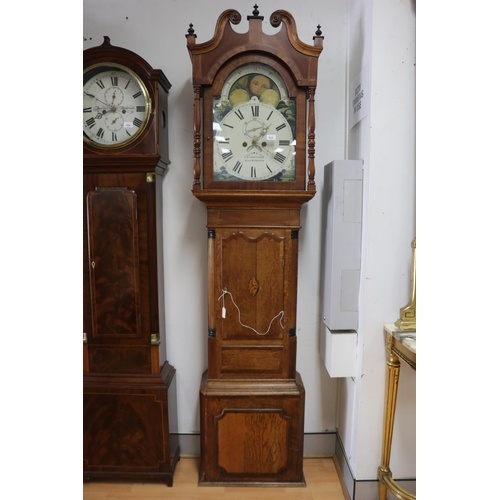 Antique 19th century oak longcase clock, the arch top painte...