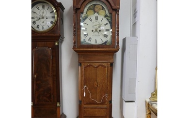 Antique 19th century oak longcase clock, the arch top painte...