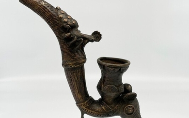 Antique African Benin Bronze Standing Pipe