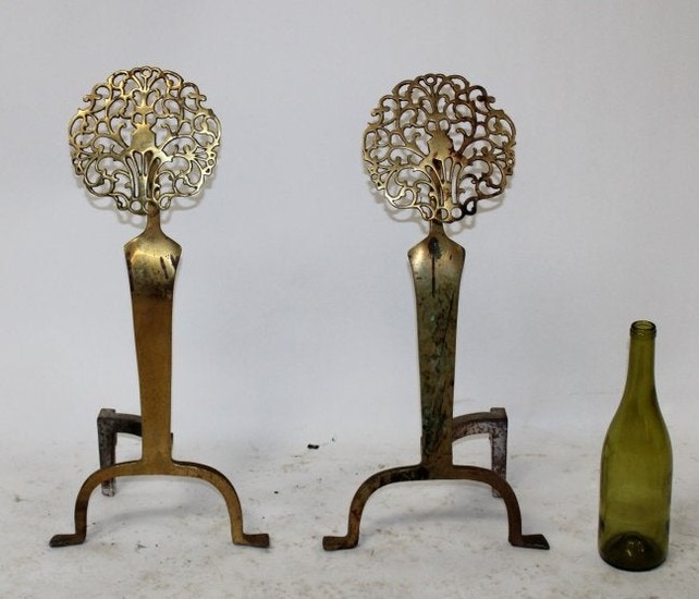 Antique American brass andirons with medallion