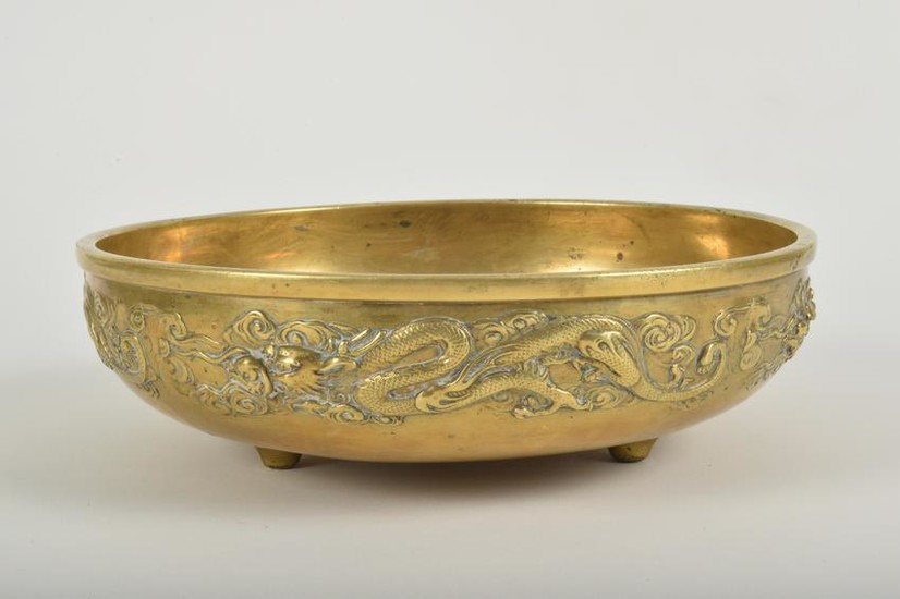 Antique Chinese Bronze Footed Bowl with Dragons