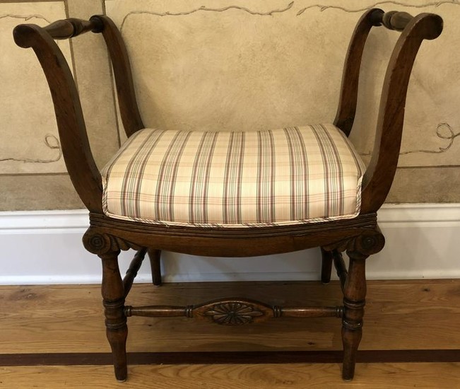 Antique French Country Carved Upholstered Bench