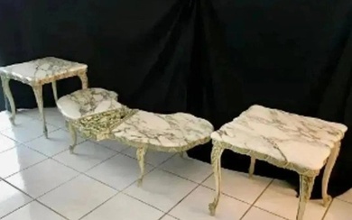 Antique French Set Of Finely Carved Wood Tables with Marble Tops furniture