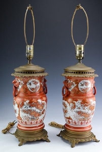 Antique Japanese Kutani Porcelain Vase Table Lamps