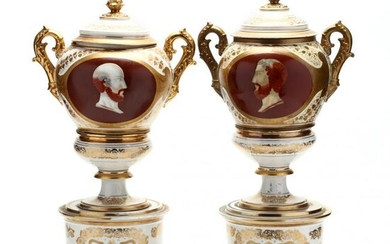 Antique Pair of Large Lidded Porcelain Urns