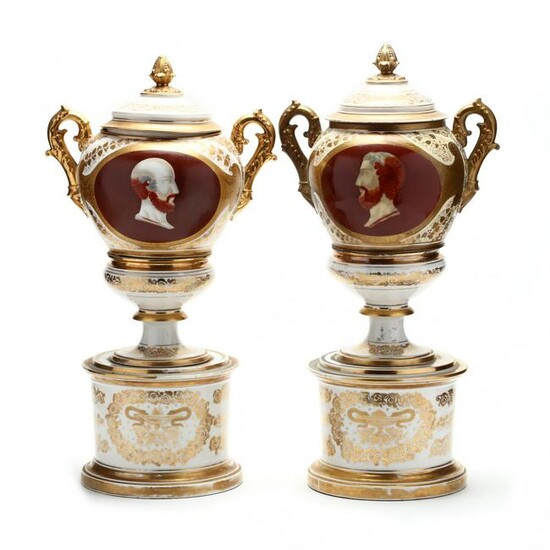 Antique Pair of Large Lidded Porcelain Urns