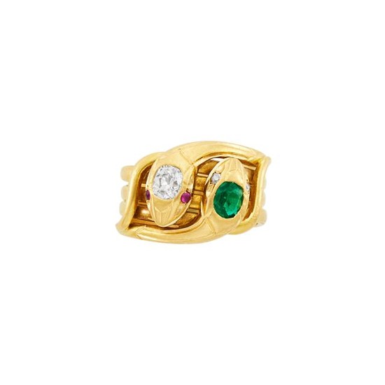 Antique Wide Gold, Emerald and Diamond Serpent Band Ring
