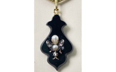 Antique onyx pendant, with 14K gold insect, pearls and diamonds