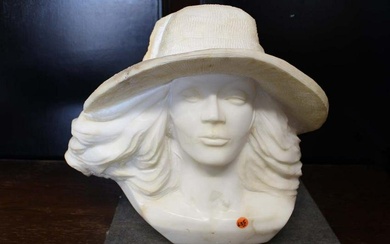 Antique solid marble bust of lady wearing a sun hat, missing piece of marble off bottom