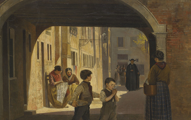 Attributed to Antonietta Brandeis (1848-1926), A street scene with children under an archway