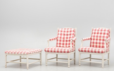 Armchairs, a pair and a footstool, Gripsholm armchairs, "Medevi Brunn", from IKEA's 18th-century series, 1990s.