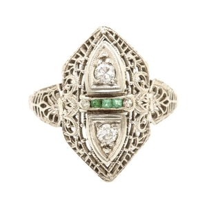 Art Deco 18K White Gold and Platinum Emerald and Diamond Ring