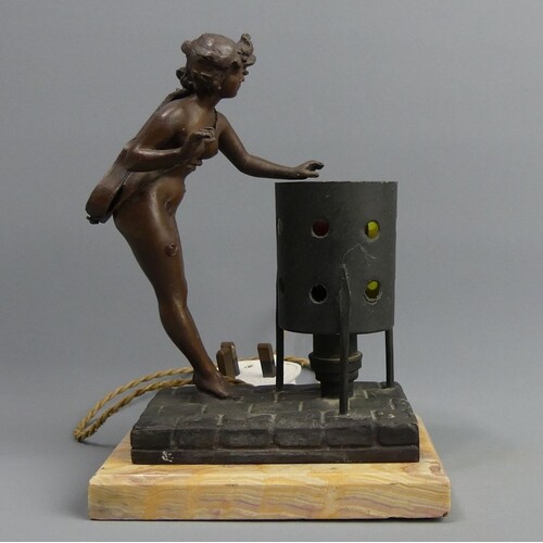 Art Deco bronzed spelter figural lamp, signed Bouret on a ma...