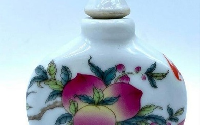Asian 5 Peach & Bat Hand Painted Porcelain Snuff Bottle With Stopper