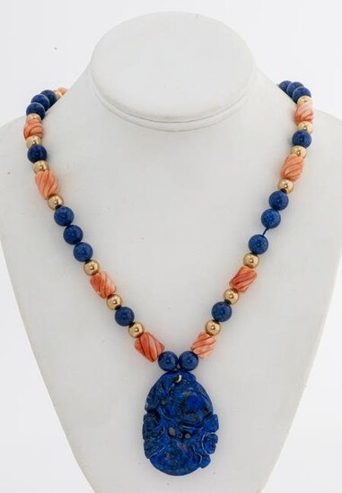 Asian Carved Coral & Lapis Beaded Pendant Necklace
