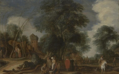 Attributed to Pieter Molyn, Dutch 1595-1661- A wooded rural scene on the outskirts of a village; oil on panel, 40.1 x 54.8 cm., (unframed). Note: Working during the 17th-Century Dutch Golden Age, Molyn would have faced substantial competition from...