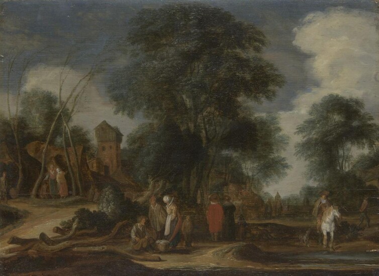 Attributed to Pieter Molyn, Dutch 1595-1661- A wooded rural scene on the outskirts of a village; oil on panel, 40.1 x 54.8 cm., (unframed). Note: Working during the 17th-Century Dutch Golden Age, Molyn would have faced substantial competition from...